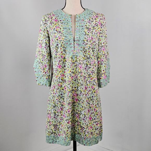 Tyler Boe Floral Tunic Dress Green Embroidered Casual Mini Length | Women's 8 - Picture 1 of 16